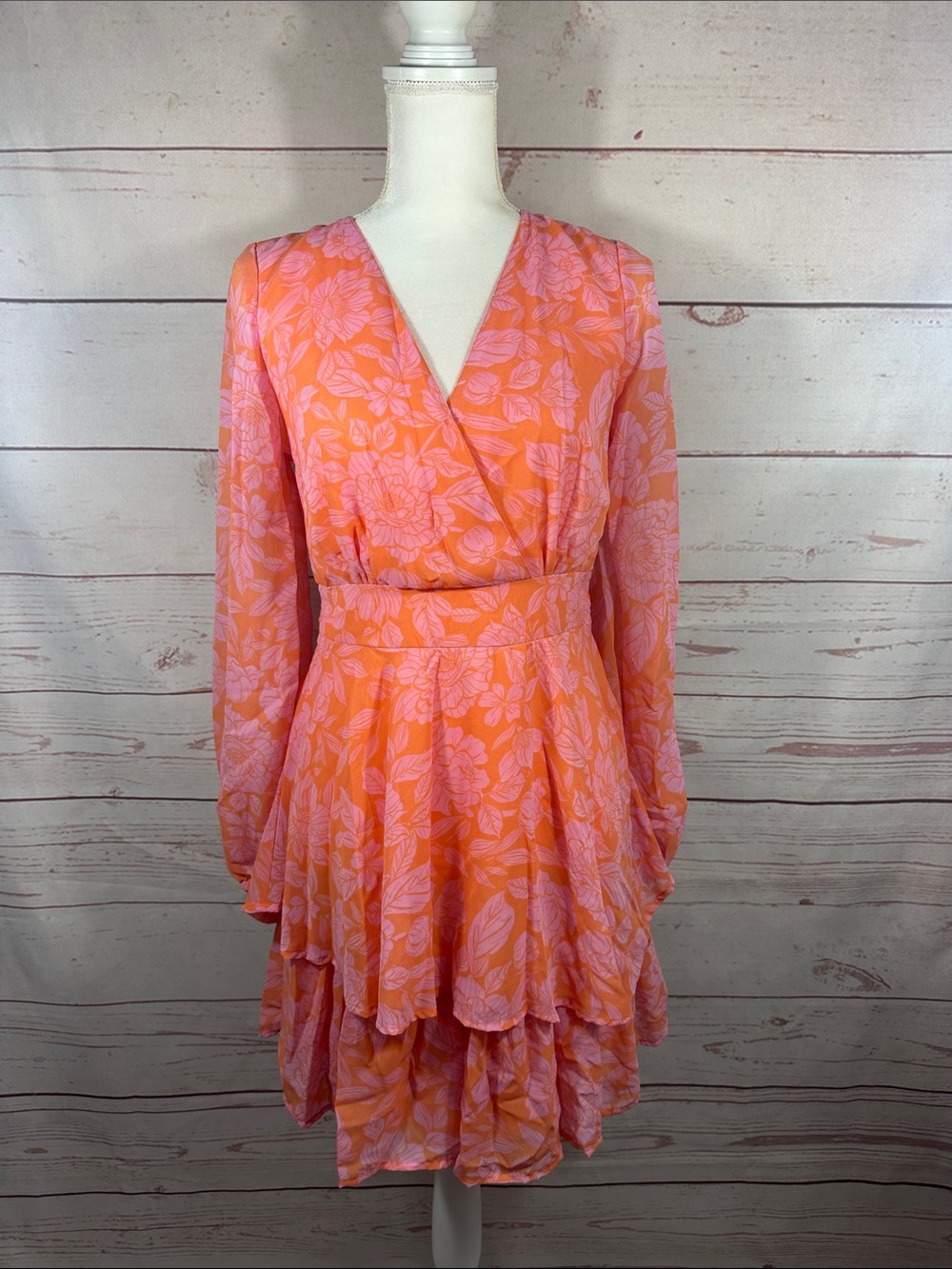 Women’s Orange Pink Floral Tiered Wrap Dress